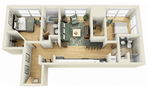 Floor plan for 2 beds, 2 baths, 870 sqft